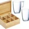 Coffret Cadeau 6 Compartiments Boîte à Thé Bambou 22 Cm - 2 Verres à Thé 320 Ml - Boîte De Rangement Sachets De Thé Avec Verres