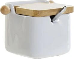 Sucrier / Sucrier En Céramique Blanche Avec Cuillère Et Couvercle En Bois De Bambou 8 X 10,5 Cm