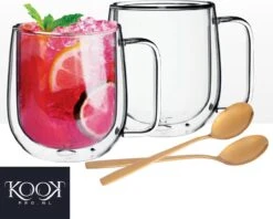 Kookpro Altom Andrea - Set De 2 Verres Luxe Double Paroi 300ML + Cuillères - Verres à Café - Verres à Thee - Verres à Café Double Paroi - Glas Borosilicate