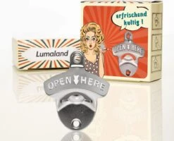 Lumaland - Décapsuleur - Décapsuleur Mural - OUVRIR ICI - 80x65mm - Acier Inoxydable - Blanc