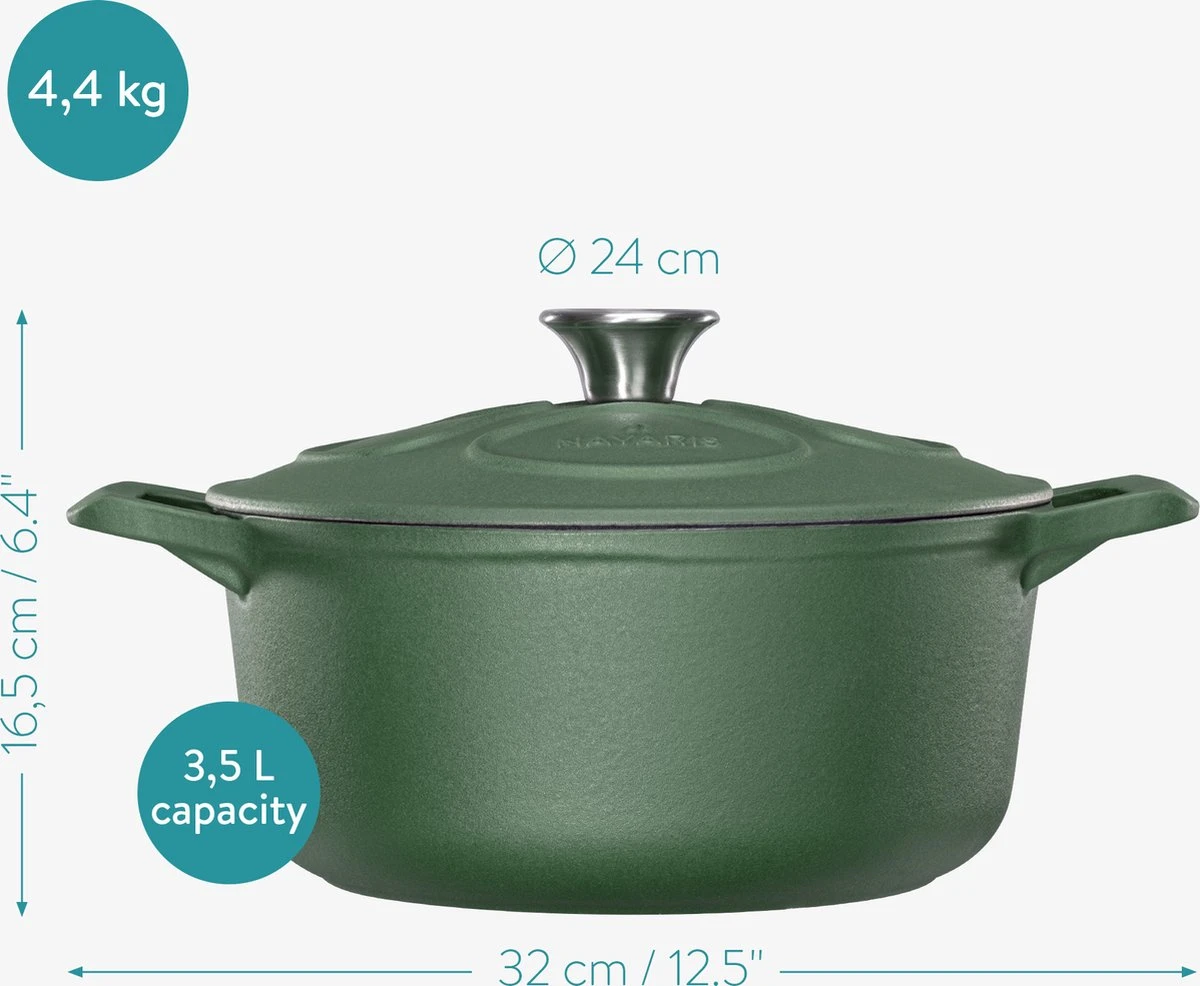 Cocotte En Fonte Navaris Avec Couvercle - Faitout - Poêle émaillée - Convient Pour La Cuisson à Induction, Gaz Et Vitrocéramique - Vert Mat 3 Cocotte En Fonte Navaris Avec Couvercle - Faitout - Poêle émaillée - Convient Pour La Cuisson à Induction, Gaz Et Vitrocéramique - Vert Mat – Image 3