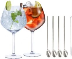 Alpina Set De 4x Verres à Cocktail Gin Tonic Avec 4x Pailles Cuillères Réutilisables En Acier Inoxydable - 730 Ml - Boire Des Cocktails - Cocktails