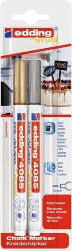 Marqueur Edding Chalk E-4085, Pointe Ronde De 1 - 2 Mm, Blister De 2 Pièces, Argent Et Or
