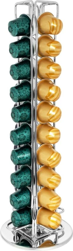 QUVIO Porte-capsule Nespresso - Nespresso - Tasses Nespresso - Capsules Nespresso - Porte-capsule - Debout - Chromé - Pour 40 Tasses - Chrome - Argent - 11 X 11 X 37 Cm (lxlxh)
