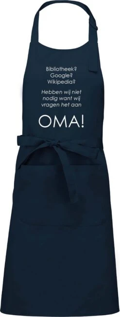 KARIBAN Tablier Mijngadeautje - We Ask OMA - Imprimé Blanc - Beau Tablier De Cuisine Exclusif - Bleu
