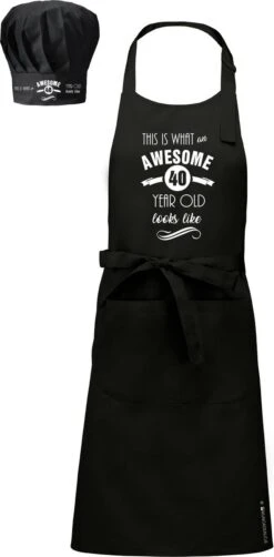 KARIBAN Ensemble Cadeau - Tablier Cadeau - Cadeau D'âge - Tablier Texte - Tablier De Cuisine - Tablier BBQ + Chapeau Toque - Noir - Imprimé Avec Awesome - Avec L'âge - 40