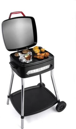 Fritel BBQ 3278 - Barbecue électrique Et Grill De Table + Adoucisseur De Graisse OFFERT - Surface De Grill 40x36cm + Base + Couvercle + Roues - Noir -Cuisine Fournitures Magasin 710x1200