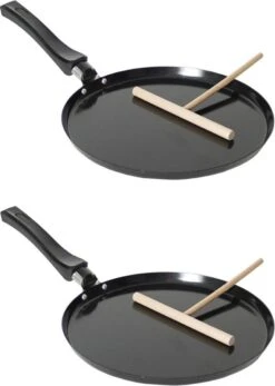 2x Pièces De Crêpières/crêpières Noires 24 Cm Avec Revêtement Antiadhésif Et Diviseur De Pâte En Bois - Crêpes/crêpes - Cuisson