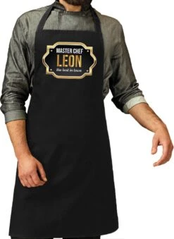 Cadeau Prénom Master Chef Leon Tablier De Cuisine / Tablier Barbecue Noir Pour Homme / Homme - Cadeau Fête Des Pères / Anniversaire / Retraite