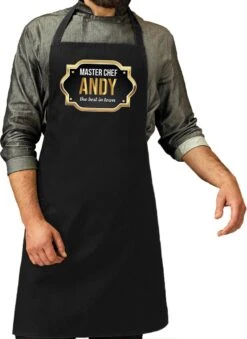 Cadeau Prénom Master Chef Andy Tablier De Cuisine/ Tablier Barbecue Noir Pour Homme/ Homme - Cadeau Fête Des Pères/ Anniversaire/ Retraite