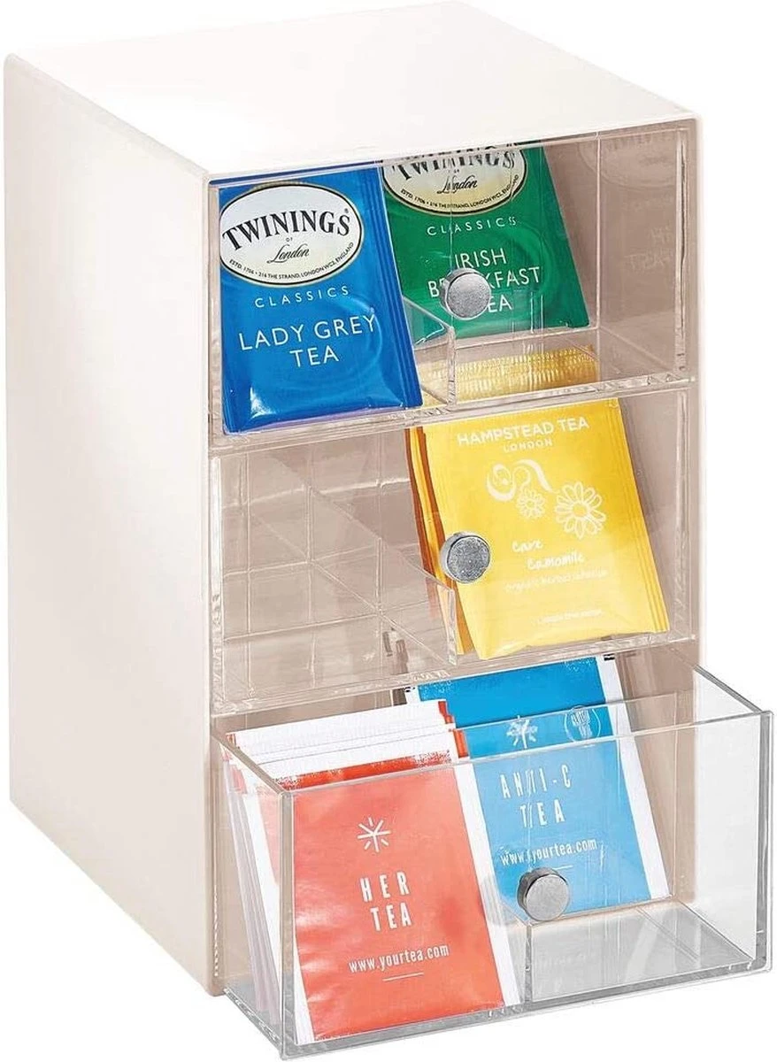 MDesign - Boîte à Thé - Organisateur De Cuisine/boîte De Rangement Pour Sachets De Thé, Tasses à Café, Bonbons Et Plus - Avec 18 Compartiments Et 3 Tiroirs/plastique - Crème/transparent 6 MDesign - Boîte à Thé - Organisateur De Cuisine/boîte De Rangement Pour Sachets De Thé, Tasses à Café, Bonbons Et Plus - Avec 18 Compartiments Et 3 Tiroirs/plastique - Crème/transparent – Image 6