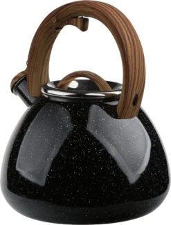 Bouilloire Sifflante Altom Design Andy En Acier Inoxydable Noir / Marron 2,3 Litres - Design Noir Moucheté Unique - Convient à Toutes Les Sources De Chaleur - Poignée Aspect Bois Avec Revêtement Soft Au Toucher -Cuisine Fournitures Magasin 912x1200