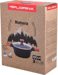Casserole Florina Natura Line Limited Edition Avec Revêtement En Céramique 3 Couches - Couvercle En Verre Inclus - 28cm - 5L - Noir Mat / Marron - Poignées En Bois Véritable - Design Uniek -Cuisine Fournitures Magasin 930x1200