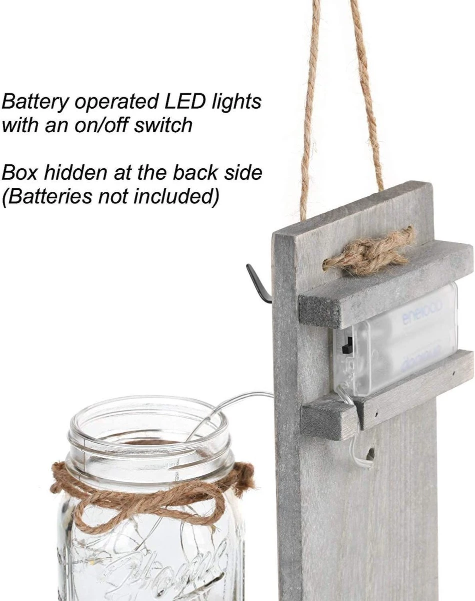 2 Pièces Appliques Murales Rustiques Mason Jar, Décoration En Bois Rustique Vintage, Crochets En Fer Forgé, Hortensia En Soie Et Guirlandes Lumineuses à LED, Design Pour La Décoration De La Maison 3 2 Pièces Appliques Murales Rustiques Mason Jar, Décoration En Bois Rustique Vintage, Crochets En Fer Forgé, Hortensia En Soie Et Guirlandes Lumineuses à LED, Design Pour La Décoration De La Maison – Image 3