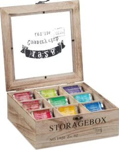 Boîte à Thé Relaxdays 9 Compartiments - Boîte De Rangement Thé - Boîte à Thé En Bois - Support Sachet à Thé - Grand