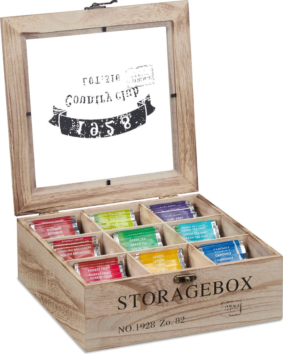 Boîte à Thé Relaxdays 9 Compartiments - Boîte De Rangement Thé - Boîte à Thé En Bois - Support Sachet à Thé - Grand 2 Boîte à Thé Relaxdays 9 Compartiments - Boîte De Rangement Thé - Boîte à Thé En Bois - Support Sachet à Thé - Grand – Image 2