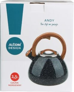 Bouilloire Sifflante Altom Design Andy En Acier Inoxydable Noir / Marron 2,3 Litres - Design Noir Moucheté Unique - Convient à Toutes Les Sources De Chaleur - Poignée Aspect Bois Avec Revêtement Soft Au Toucher -Cuisine Fournitures Magasin 964x1200 1