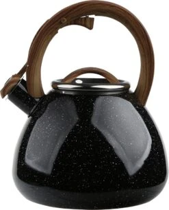 Bouilloire Sifflante Altom Design Andy En Acier Inoxydable Noir / Marron 2,3 Litres - Design Noir Moucheté Unique - Convient à Toutes Les Sources De Chaleur - Poignée Aspect Bois Avec Revêtement Soft Au Toucher